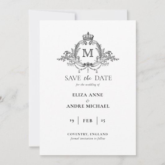 Royal Crest Elegante krans Monogram bruiloft Save The Date (Voorkant)