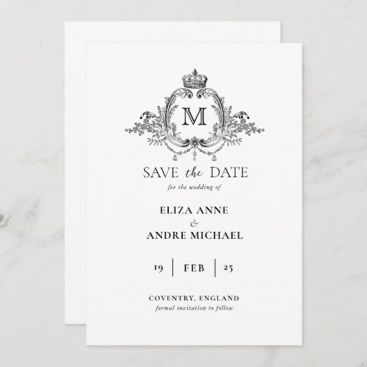 Royal Crest Elegante krans Monogram bruiloft Save The Date (Voorkant / Achterkant)