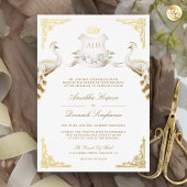 Royal Crest Indiase witte pauw bruiloft goud Folie Uitnodiging