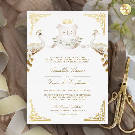 Royal Crest Indiase witte pauw bruiloft goud Folie Uitnodiging