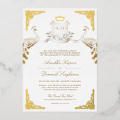 Royal Crest Indiase witte pauw bruiloft goud Folie Uitnodiging (Voorkant)