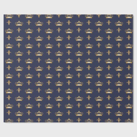 Royal Crown and Fleur de Lis Pattern on Blue Cadeaupapier (Vlak)