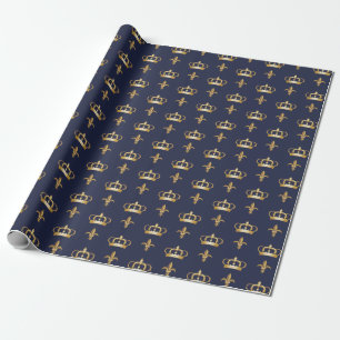 Royal Crown and Fleur de Lis Pattern on Blue Cadeaupapier