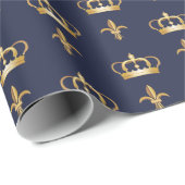 Royal Crown and Fleur de Lis Pattern on Blue Cadeaupapier (Rol Hoek)