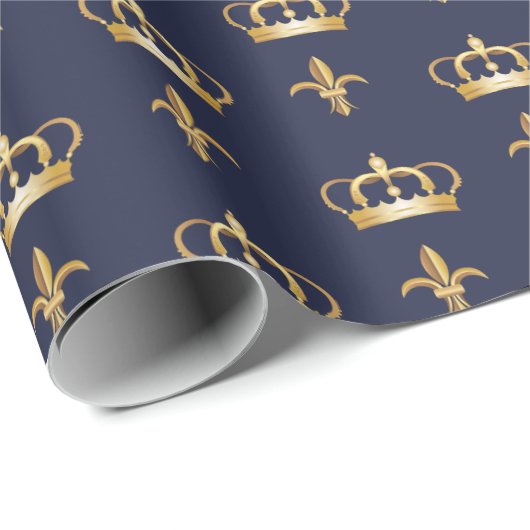 Royal Crown and Fleur de Lis Pattern on Blue Cadeaupapier (Rol Hoek)