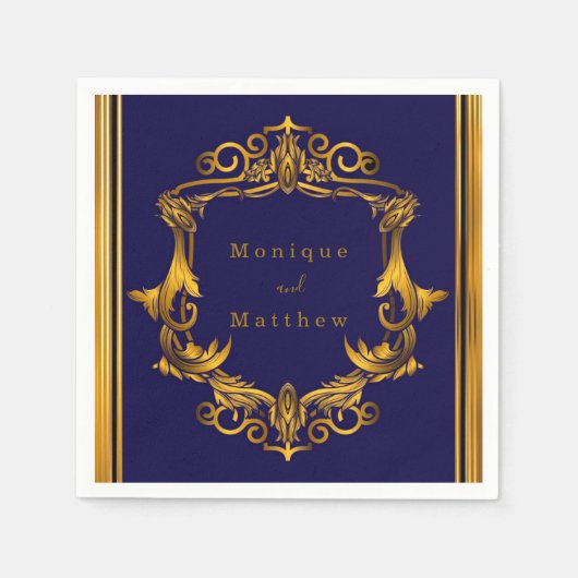 Royal Crown Blue en Gold Flourish Wedding Servet (Voorkant)