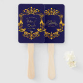 Royal Crown Blue en Gold Flourishes Wedding Handwaaier (Voorkant en achterkant)