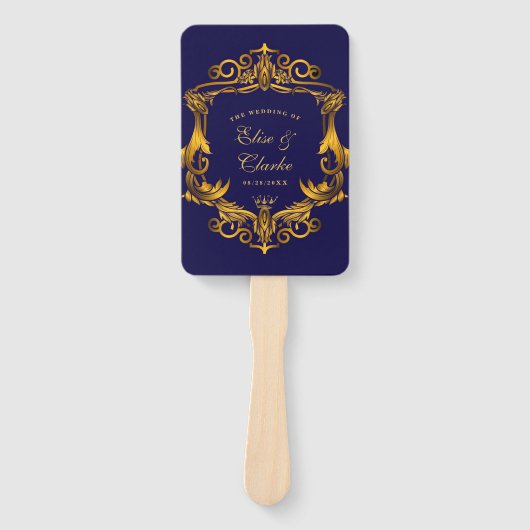 Royal Crown Blue en Gold Flourishes Wedding Handwaaier (Voorkant)
