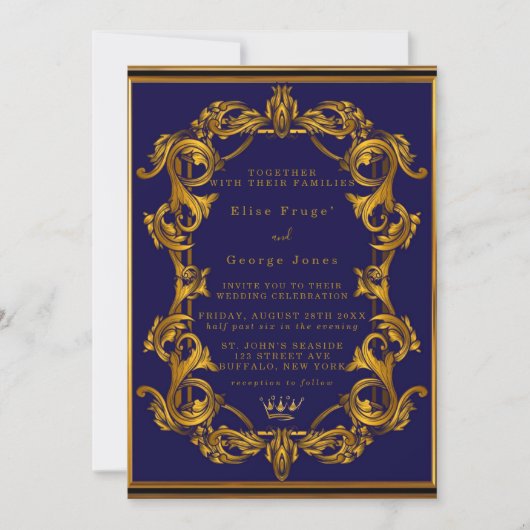 Royal Crown Blue en Gold Flourishes Wedding Kaart (Voorkant)