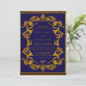 Royal Crown Blue en Gold Flourishes Wedding Kaart (Staand voorkant)