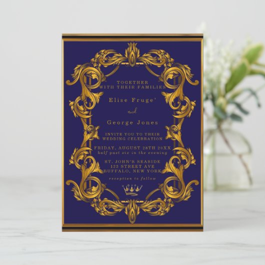 Royal Crown Blue en Gold Flourishes Wedding Kaart (Staand voorkant)