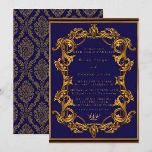 Royal Crown Blue en Gold Flourishes Wedding Kaart (Voorkant / Achterkant)