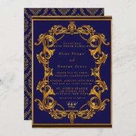 Royal Crown Blue en Gold Flourishes Wedding Kaart