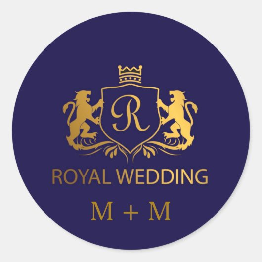 Royal Crown Blue en Gold Lions Wedding Custom Ronde Sticker (Voorkant)