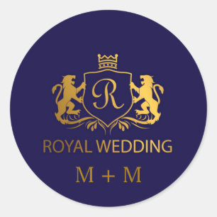 Royal Crown Blue en Gold Lions Wedding Custom Ronde Sticker