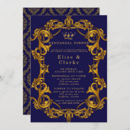 Royal Crown Blue Gold Flourish Rehearsal Dinner Kaart