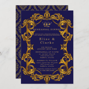 Royal Crown Blue Gold Flourish Rehearsal Dinner Kaart