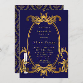 Royal Crown Blue Gold Flourishes Brunch & Bubble Kaart