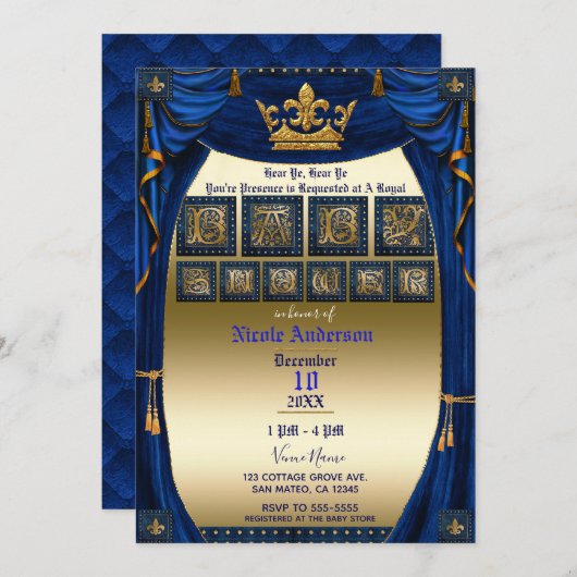 Royal Crown Blue & Gold Prince Baby shower Kaart (Voorkant / Achterkant)
