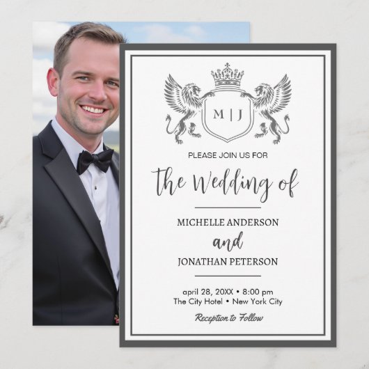 Royal Crown Emblem Lions Monogram Foto Huwelijk Save The Date (Voorkant / Achterkant)