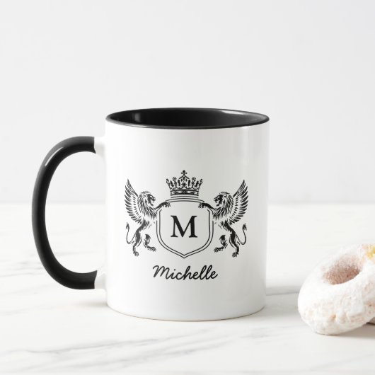 Royal Crown Emblem Lions Monogram Script Naam Mok (Met donut)