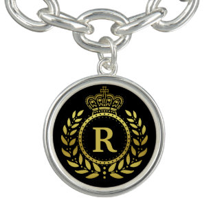 Royal Crown Laurel Wreath Black Gold Monogramed Armband
