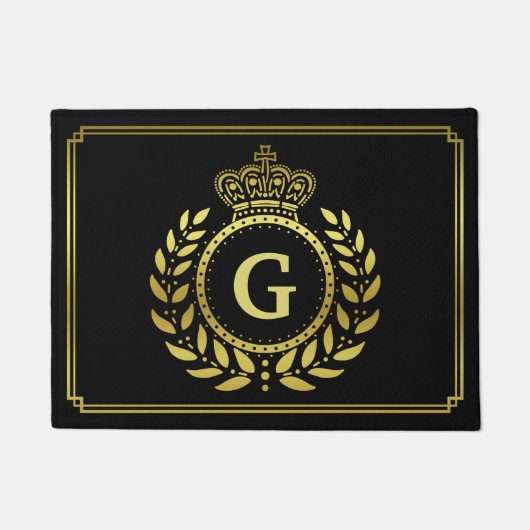 Royal Crown Laurel Wreath Black Gold Monogramed Deurmat (Voorkant)