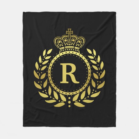 Royal Crown Laurel Wreath Black Gold Monogramed Fleece Deken (Voorkant)