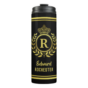 Royal Crown Laurel Wreath Black Gold Monogramed Thermosbeker