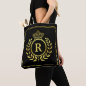 Royal Crown Laurel Wreath Black Gold Monogramed Tote Bag (Dichtbij)
