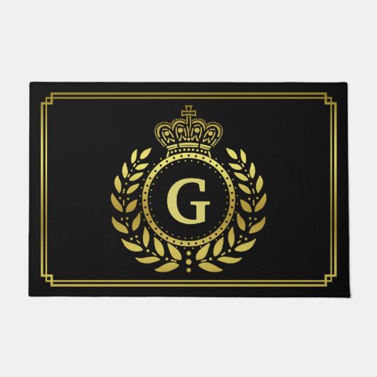Royal Crown Laurel Wreath Monogrammed Black Gold Deurmat (Voorkant)