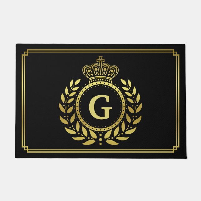 Royal Crown Laurel Wreath Monogrammed Black Gold Deurmat (Voorkant)