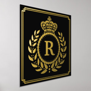 Royal Crown Laurel Wreath Monogrammed Black Gold Folie Afdrukken