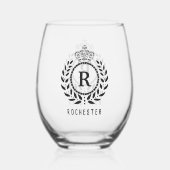Royal Crown Laurel Wreath Zwart Monogram Naam Wijnglas Zonder Voet (Voorkant)