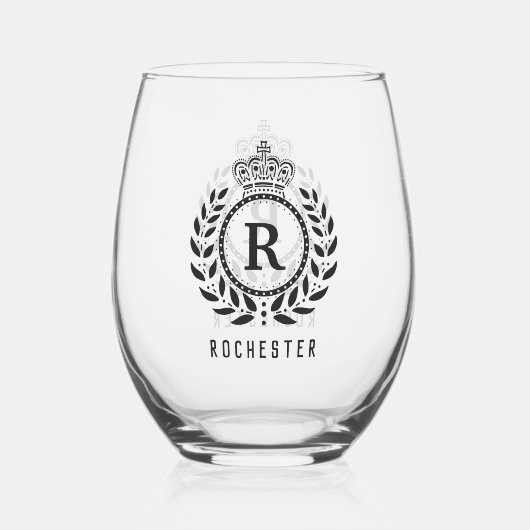 Royal Crown Laurel Wreath Zwart Monogram Naam Wijnglas Zonder Voet (Voorkant)