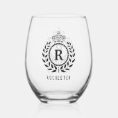 Royal Crown Laurel Wreath Zwart Monogram Naam Wijnglas Zonder Voet (Achterkant)