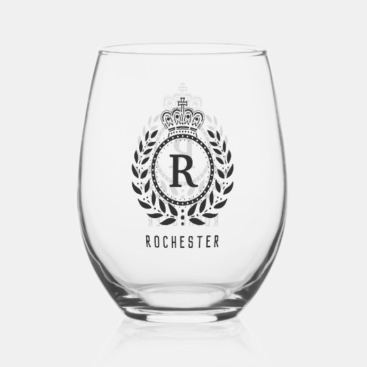 Royal Crown Laurel Wreath Zwart Monogram Naam Wijnglas Zonder Voet (Achterkant)