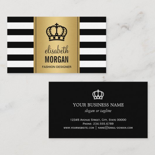 Royal Crown Logo Elegant Gold Black White Stripes Visitekaartje (Voorkant / Achterkant)