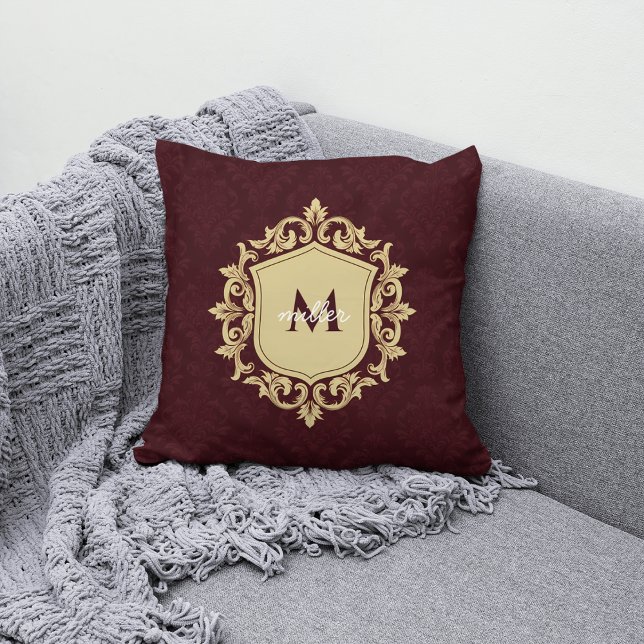 Royal Damask  Crest Monogrammed Familienaam Kussen (Creator heeft geüpload)