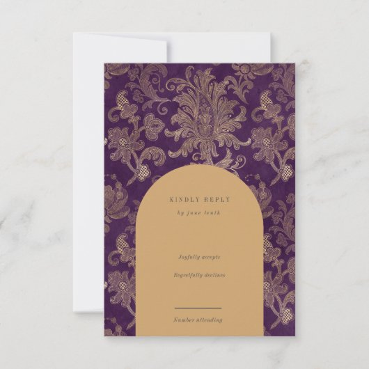 Royal Damask Elegant Paarse RSVP-kaart RSVP Kaartje (Voorkant)