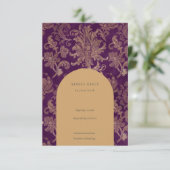 Royal Damask Elegant Paarse RSVP-kaart RSVP Kaartje (Staand voorkant)