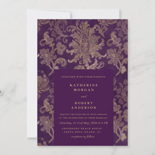 Royal Damask Elegante Paarse bruiloft uitnodiging (Voorkant)