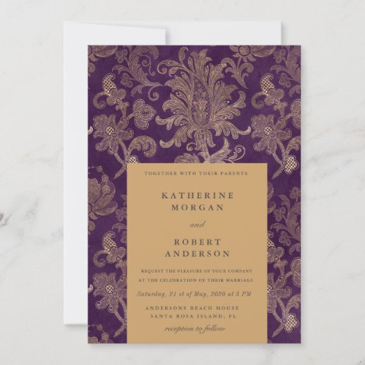 Royal Damask Gold Elegant Paarse bruiloft Kaart (Voorkant)