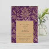 Royal Damask Gold Elegant Paarse bruiloft Kaart (Staand voorkant)
