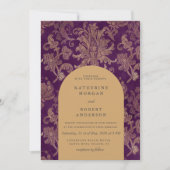 Royal Damask Gold Elegant Paarse bruiloft Kaart (Voorkant)