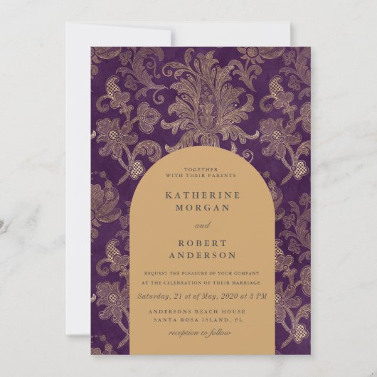 Royal Damask Gold Elegant Paarse bruiloft Kaart (Voorkant)