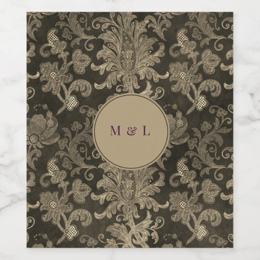 Royal Damask Gold Monogram Bruiloft Wijn Label Etiket (Enkel label)