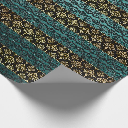 Royal Damask Golden Black Aquatic Lace Stripes Cadeaupapier (Hoek)