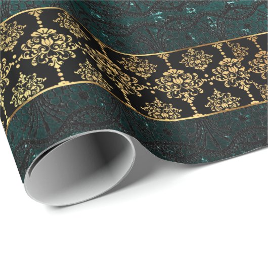 Royal Damask Golden Black Aquatic Lace Stripes Cadeaupapier (Rol Hoek)