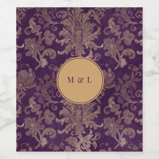 Royal Damask Paarse Monogram bruiloft Wijn Etiket (Enkel label)
